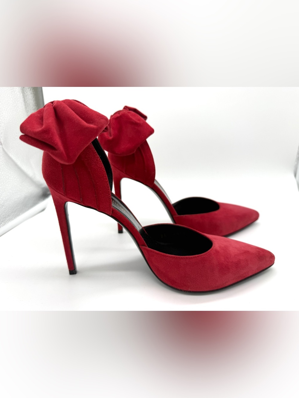 Saint Laurent Skinny 105 D'Orsay Bow Embellished Suede Pumps – Red – Size 37.5 - Picture 8 of 14